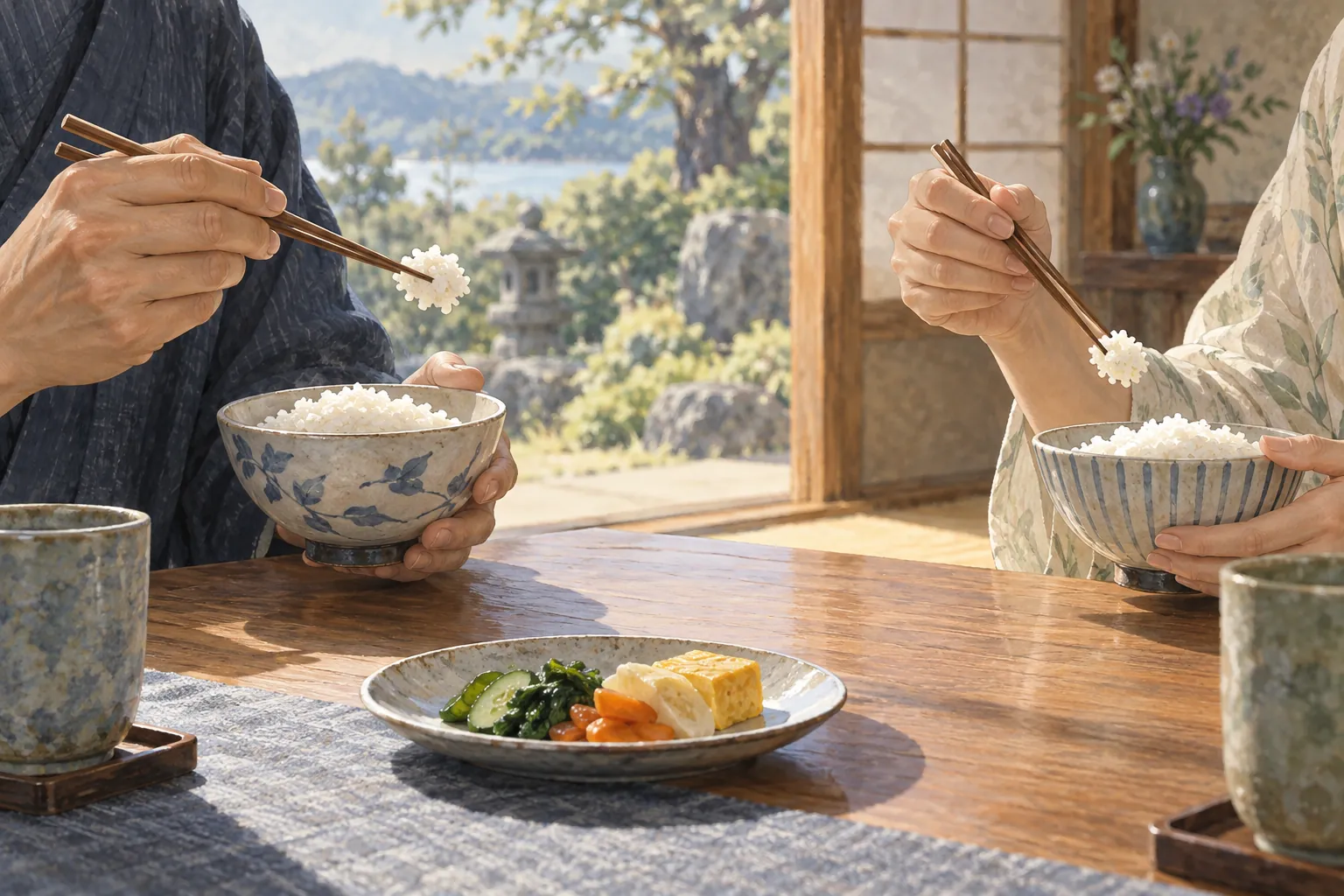 二人がそれぞれの茶碗から自分の箸でご飯を持ち上げ、二組の箸の間にはっきりと間を空けている。