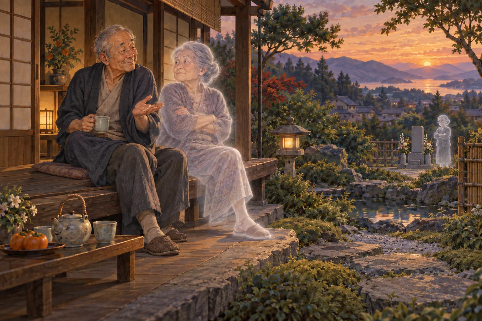 半透明の年配の女性が縁側で夫のそばに座って待ち、遠くの家族の墓の横には別の半透明の女性が立っている。