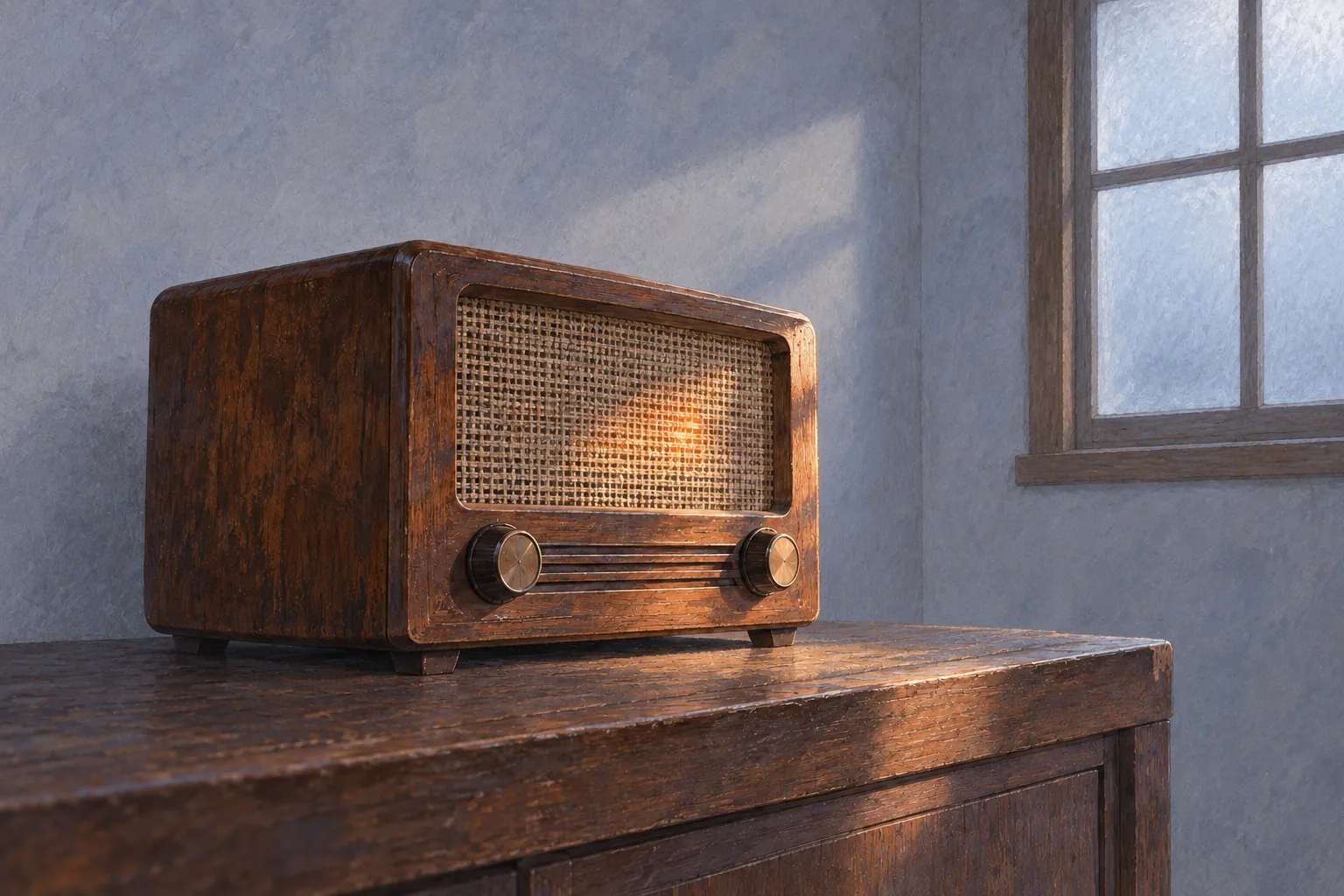 A wooden radio rests on a bare table beside a frosted window, its woven grille catching a warm patch of morning light.