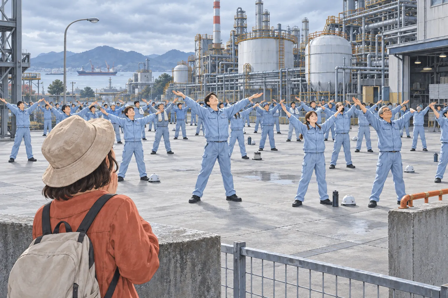 Workers in pale blue uniforms raise their arms together outside a chemical factory while a visitor watches from the foreground.