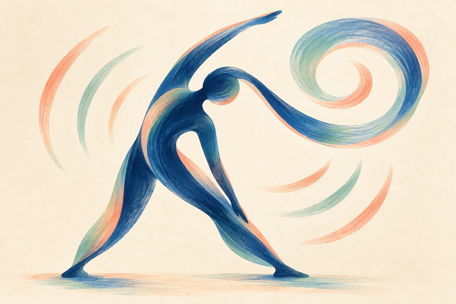 An indigo figure bends into a stretching arc as its head opens into a flowing jade and coral spiral surrounded by curved brushstrokes.