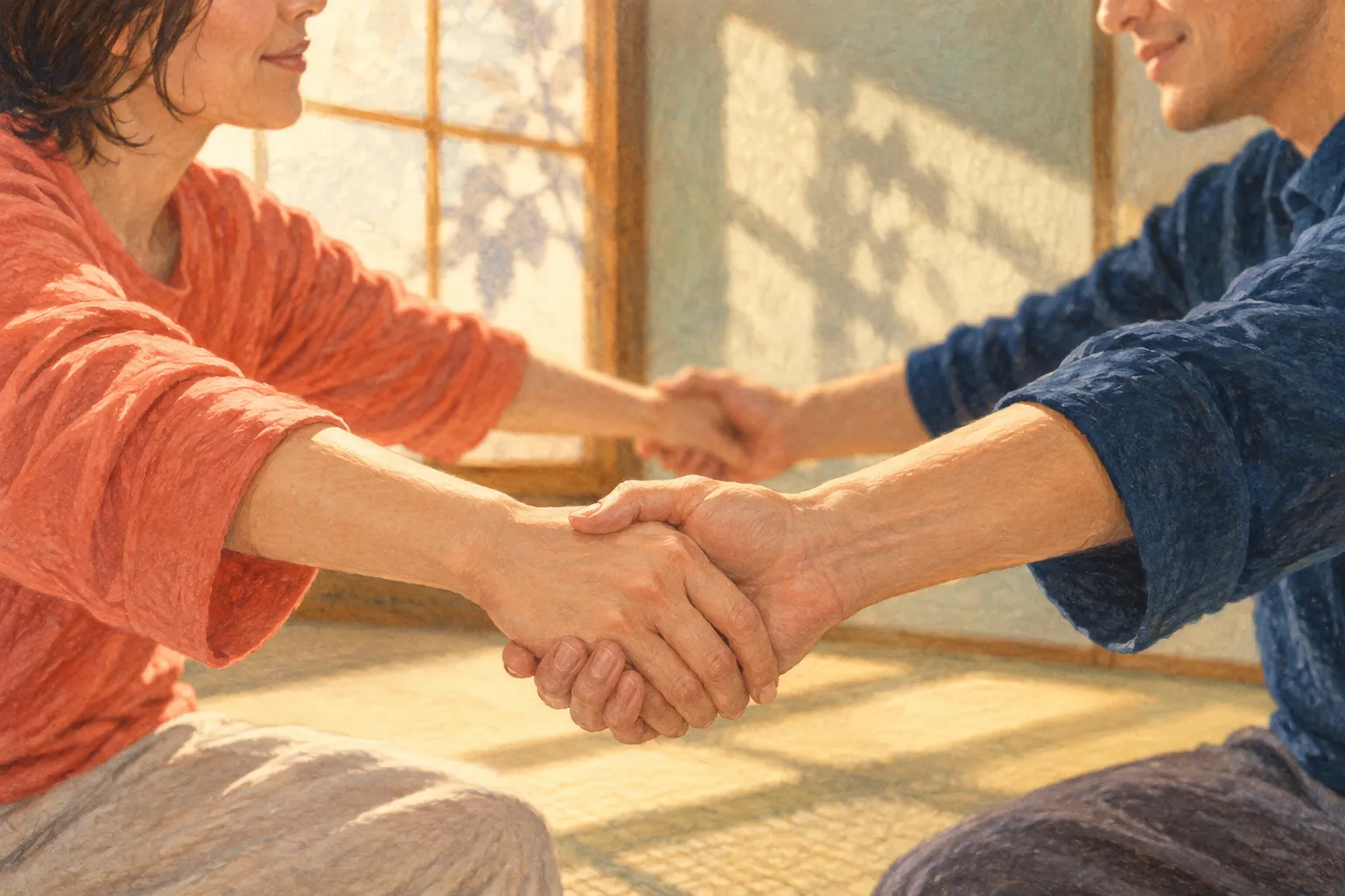 Two adults in coral and indigo sleeves face each other and gently hold both hands in a softly sunlit Japanese room.