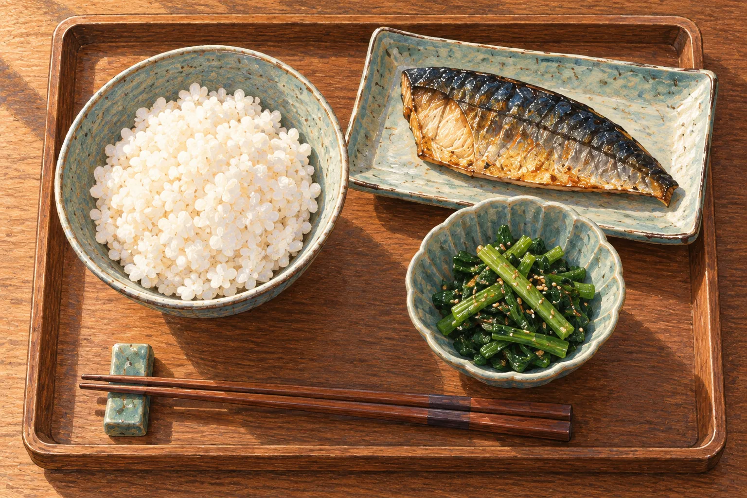 Rice, cooked fish and green vegetables sit in jade ceramic dishes on a wooden tray beside a neatly resting pair of chopsticks.