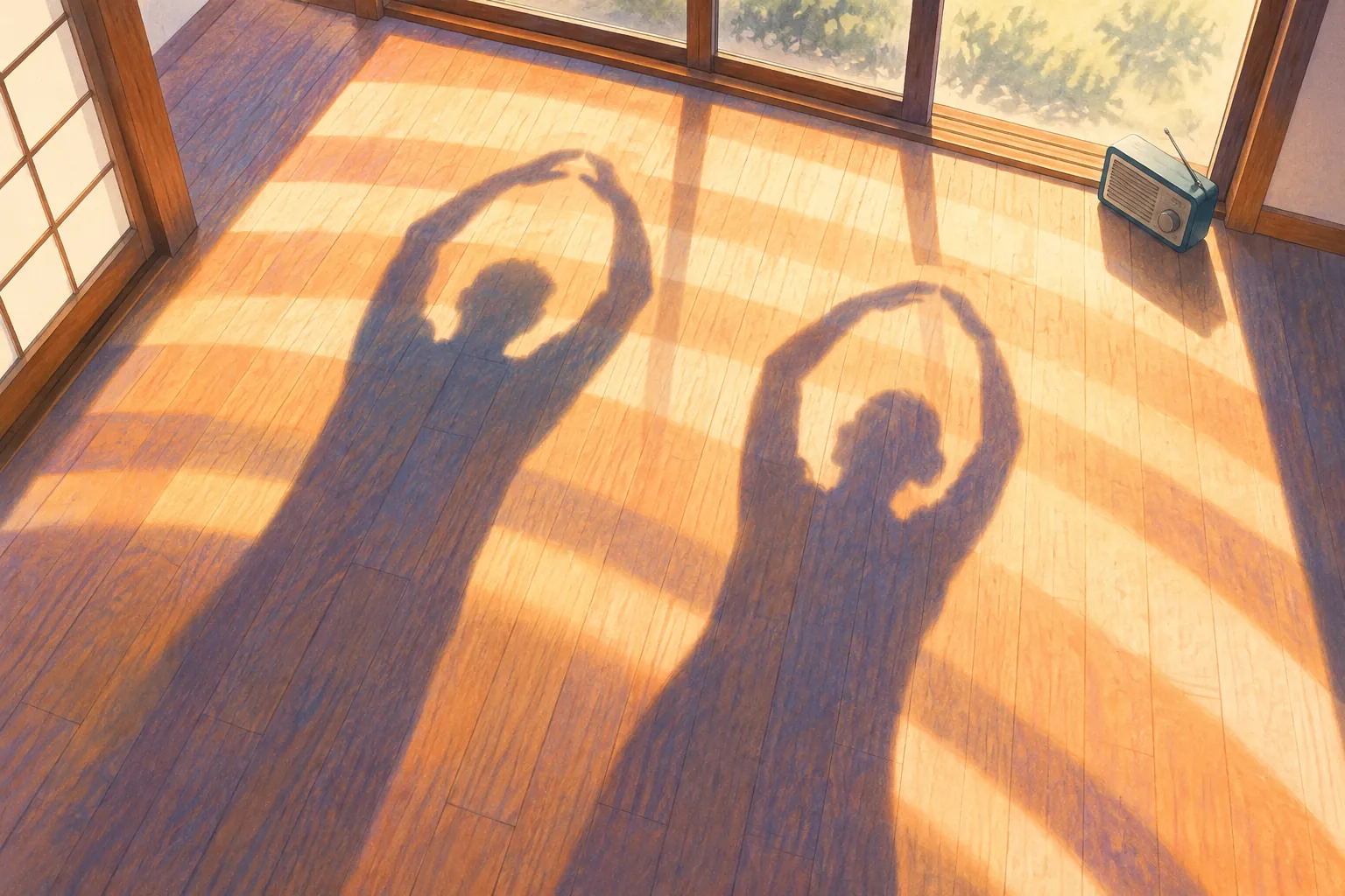 Two stretching shadows fall across a honey-lit wooden floor beside a small radio, with pale bands of morning light crossing the room.