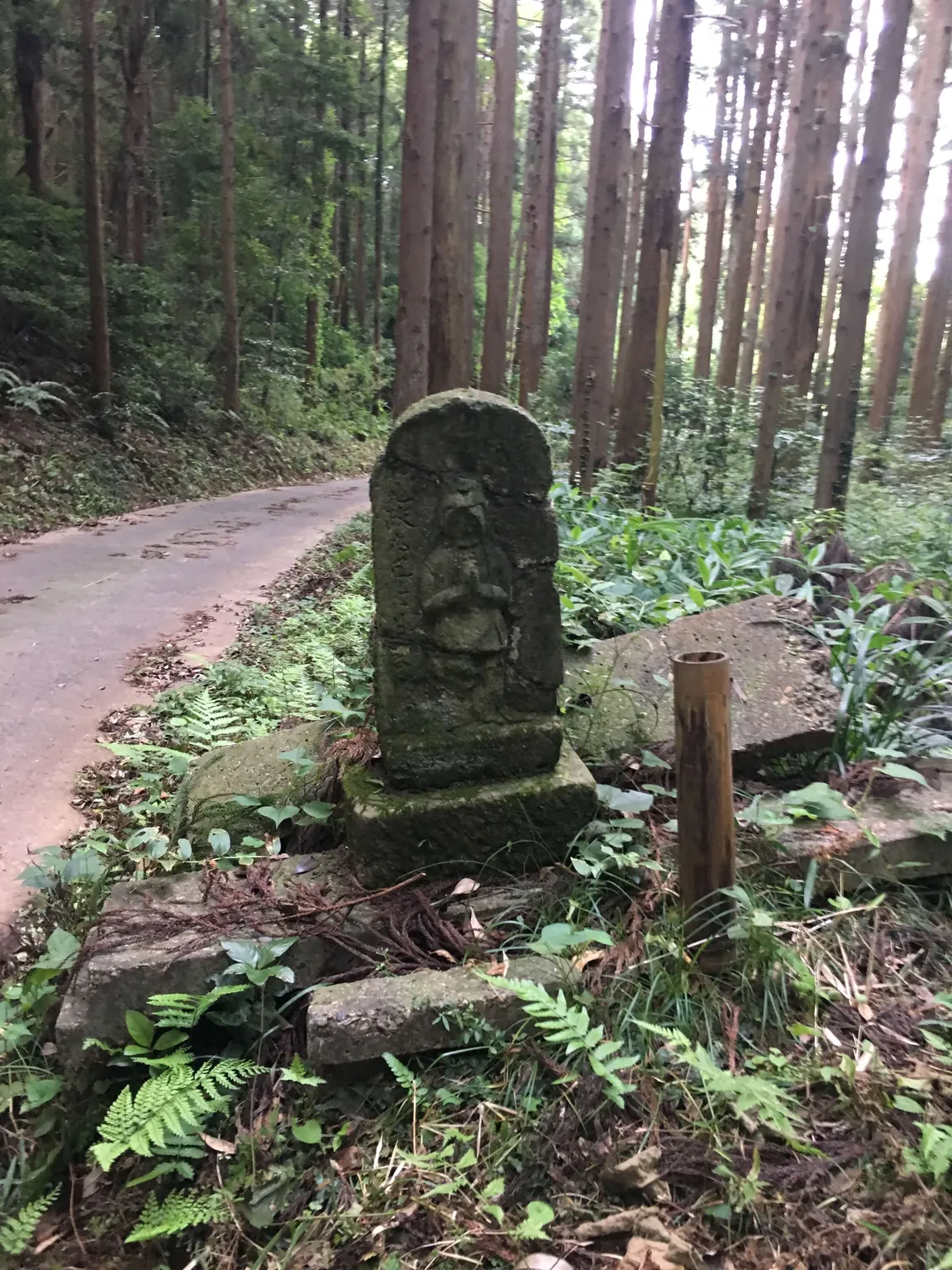 杉林を抜ける細い道の脇に立つ、苔むした石の神さま。