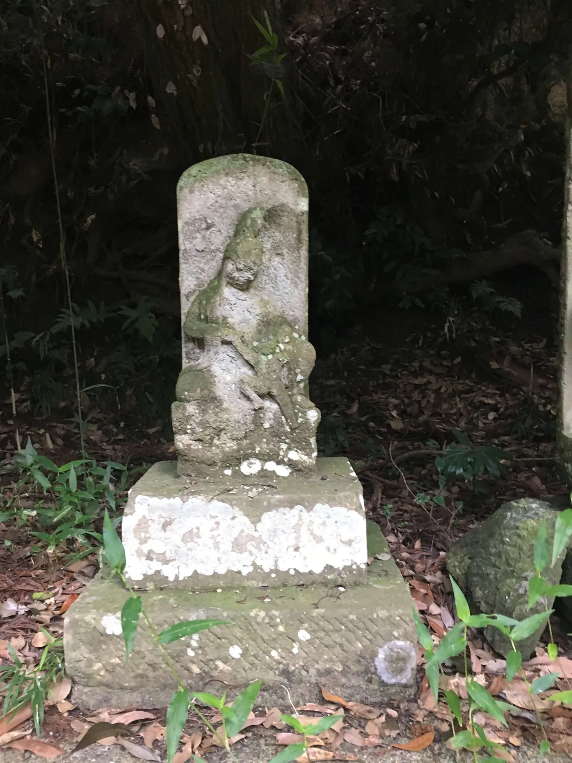 長い年月で彫りがやわらいだ一体の石像。地衣類に覆われた台座の上に立っている。