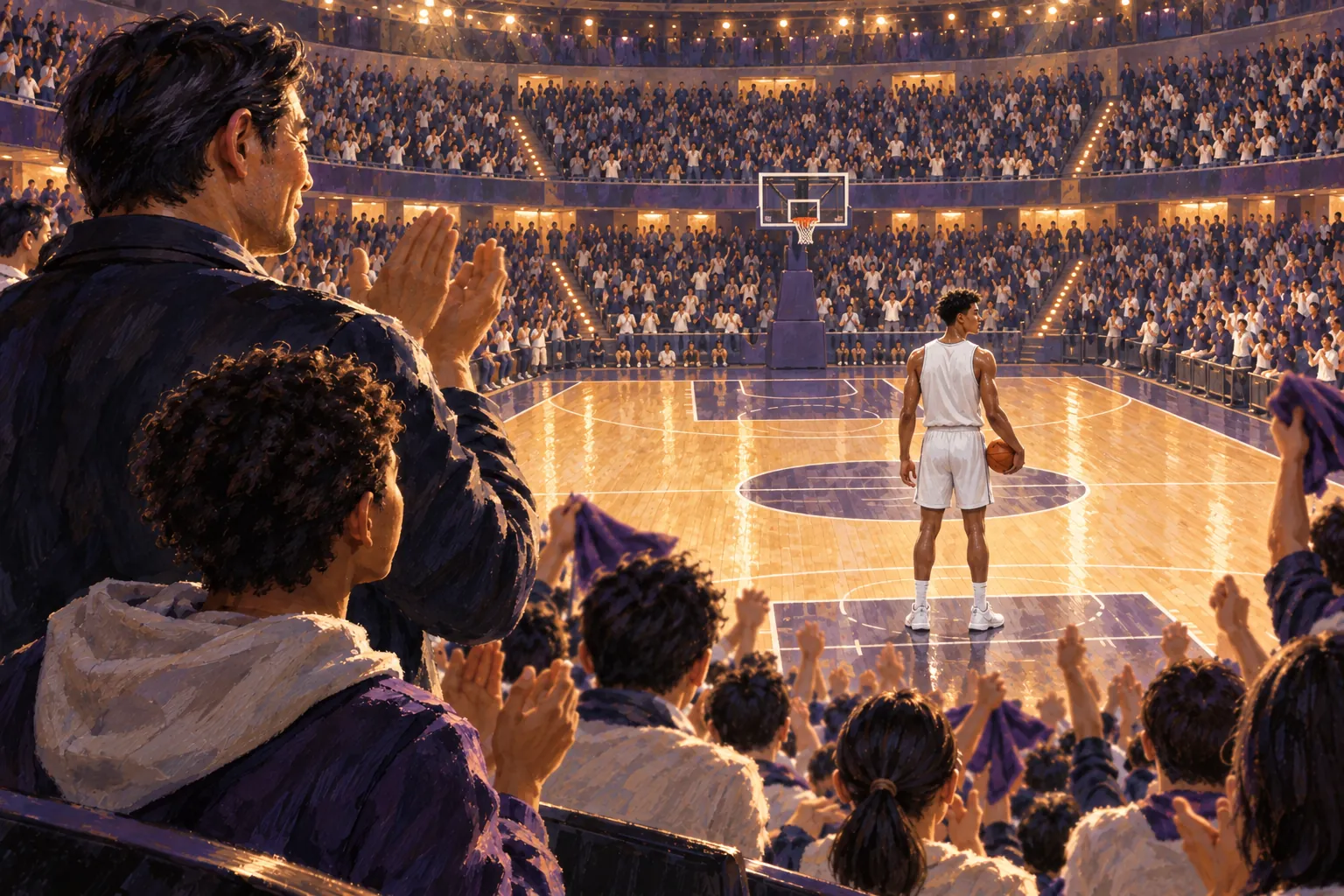 A young man of mixed Black and Japanese heritage holds a basketball on a warmly lit court as spectators applaud.