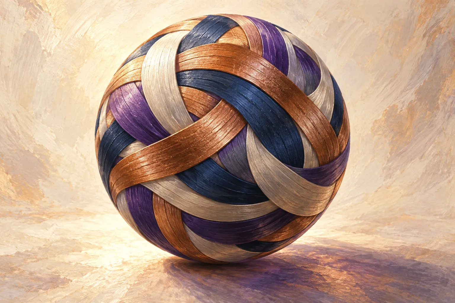 Copper, cream, violet and indigo strands interweave into one complete sphere, casting a soft shadow on a pale ground.