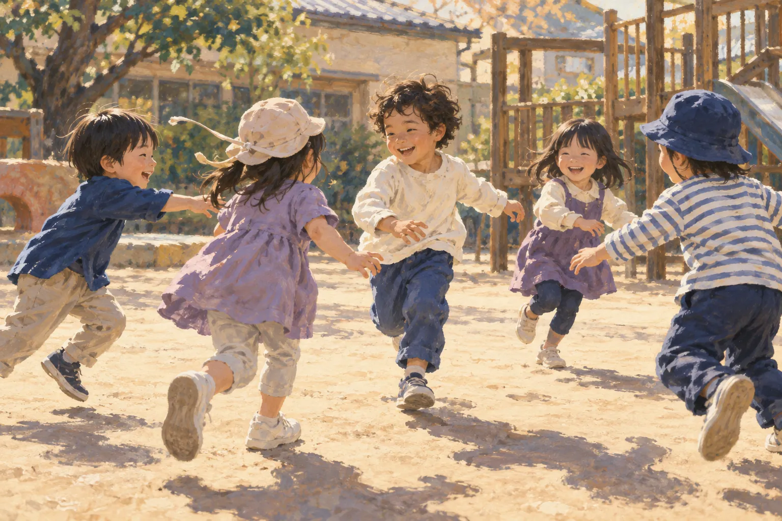Five kindergarten children run and laugh together in a schoolyard as a loose hat string flutters behind one child.