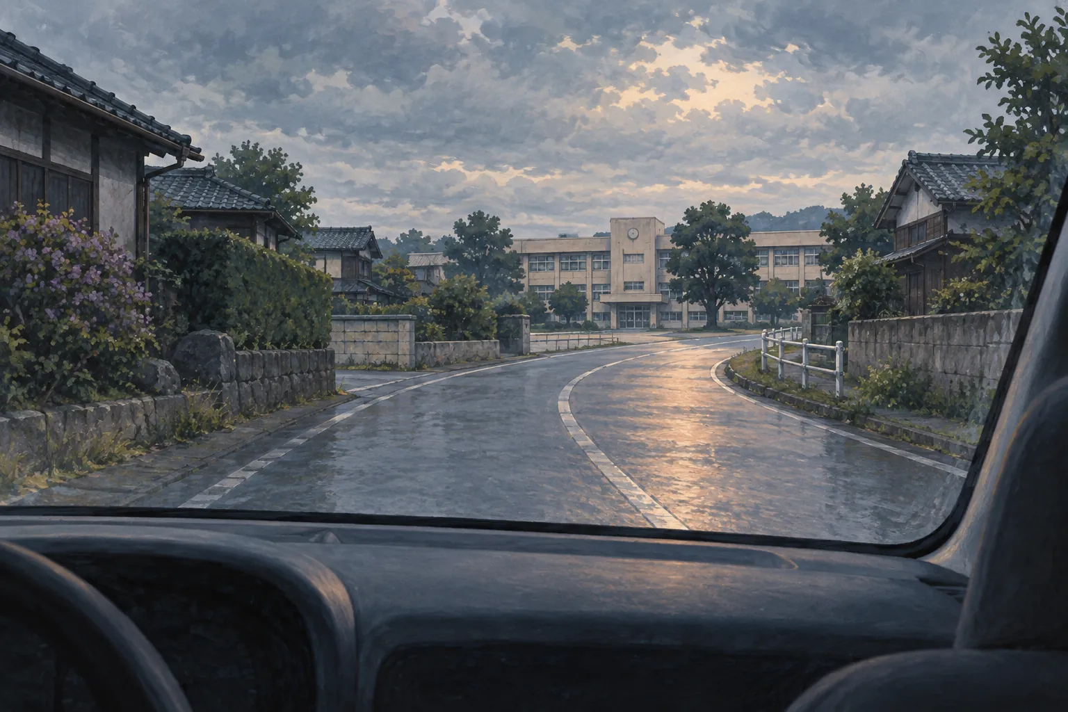 Through a car windshield, a quiet rural road curves past low houses toward a modest school beneath an overcast sky.