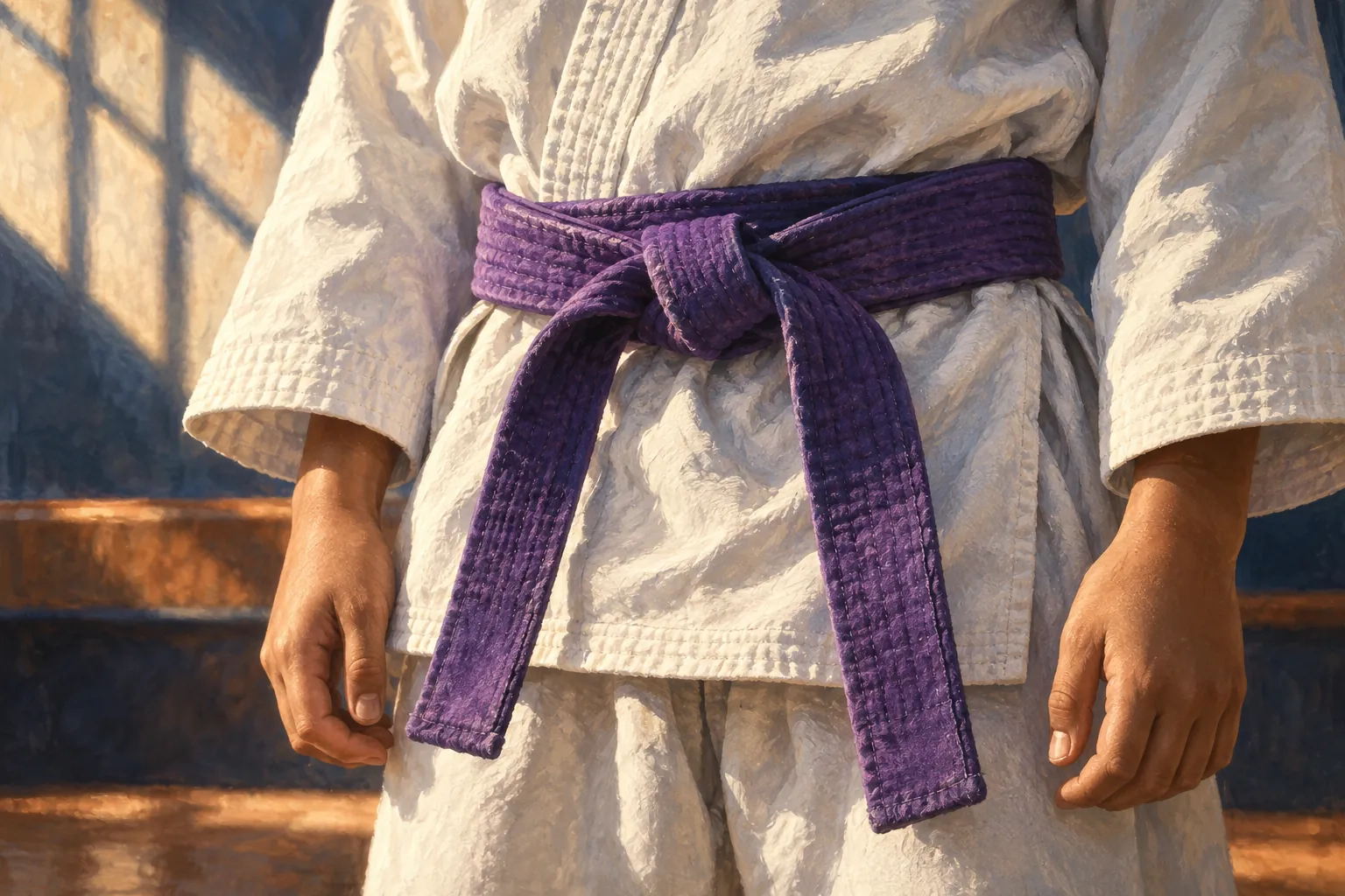 A purple belt is tied around a child’s white karate uniform, with both hands resting calmly at the sides.