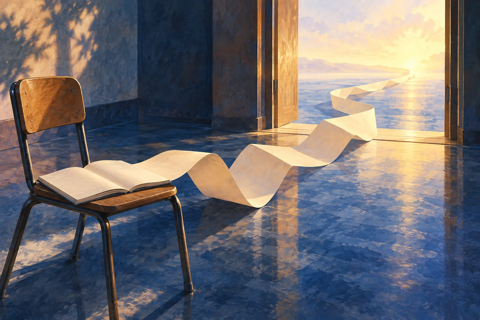 A blank notebook and school chair face an open doorway, with a folded paper ribbon crossing a blue expanse into warm light.