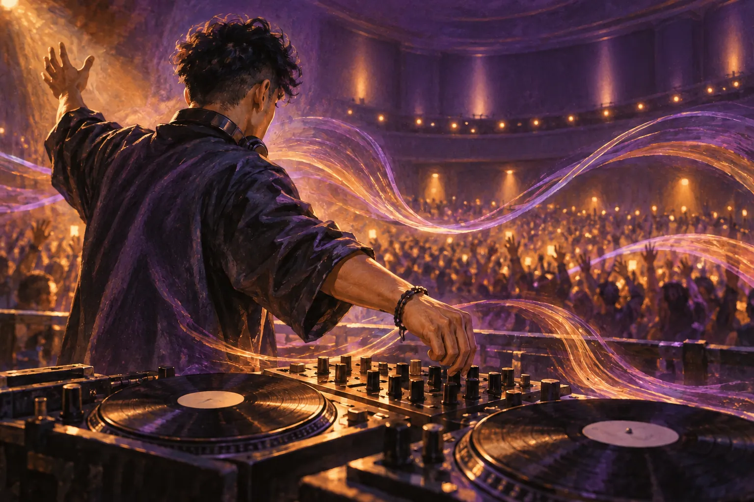 An anonymous DJ adjusts a mixer as copper and violet sound waves sweep toward a glowing audience.