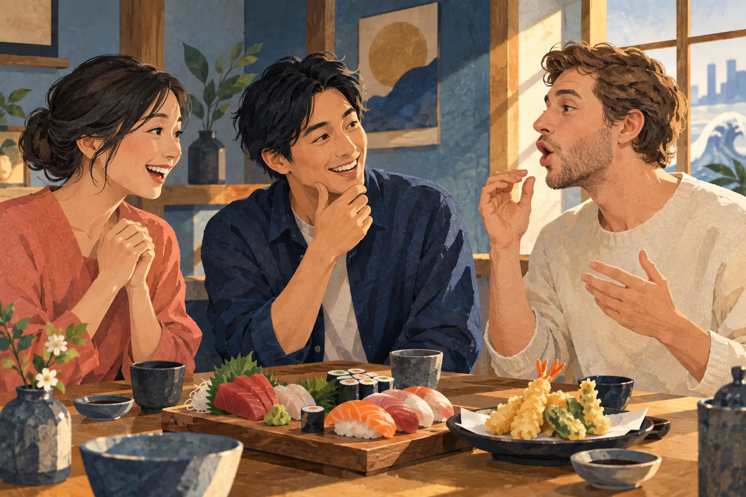 窓から差し込む暖かな光の中で、二人の日本人が英語を話す訪問者との会話に気づきの笑顔を見せている。
