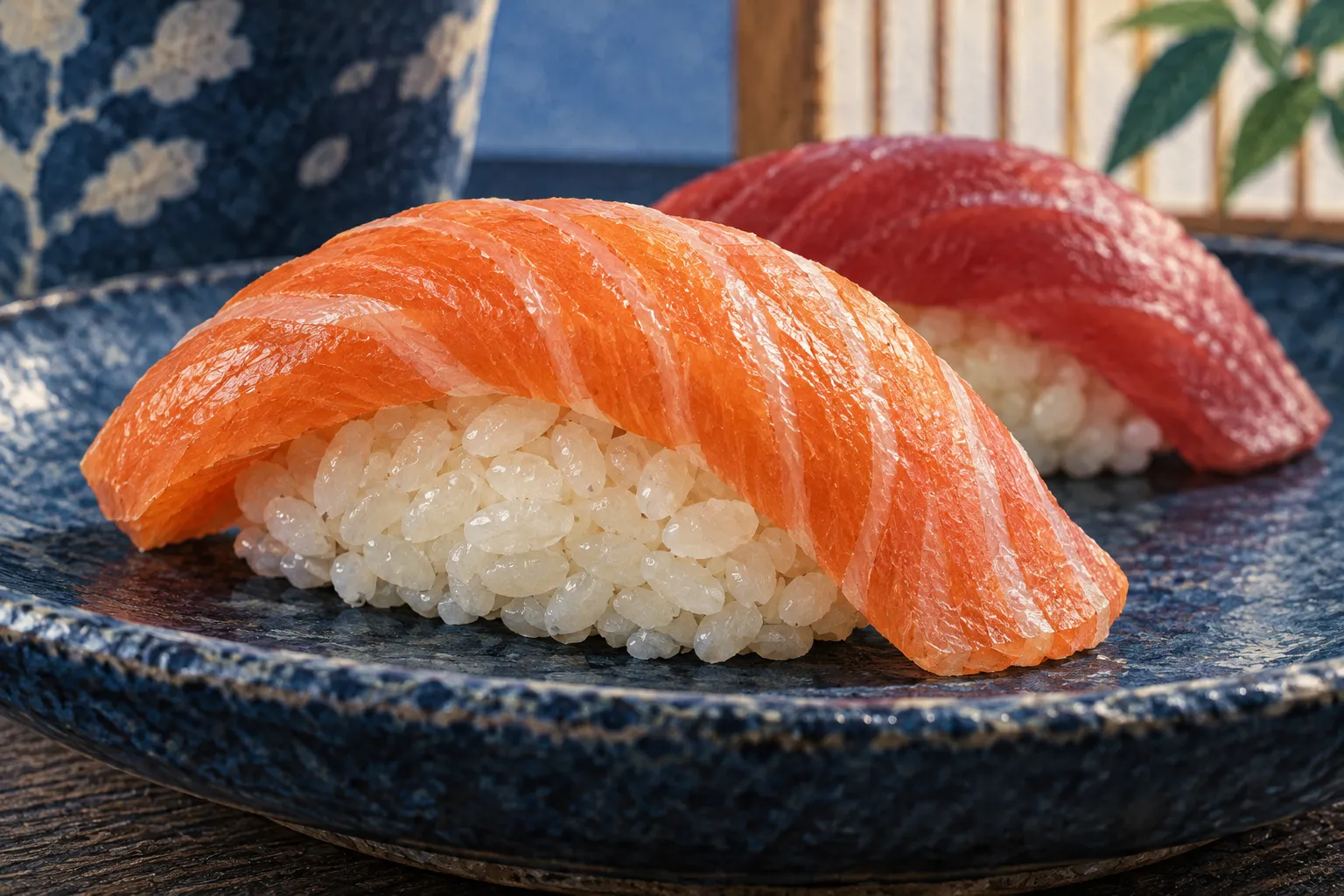涼やかな昼の光の中、藍色の陶皿にサーモンとマグロの握り寿司が並び、米粒や魚の質感が細やかに見える。