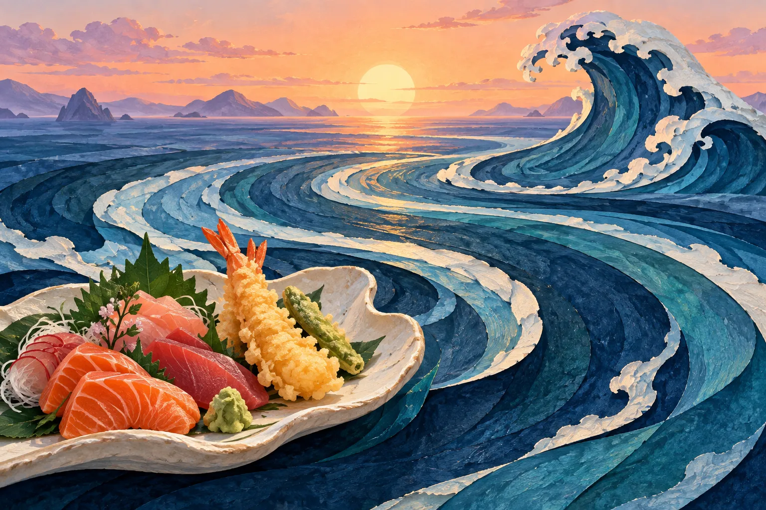刺身と天ぷらを盛った皿が広い青い海流へと溶け込み、桃色に輝く水平線の下で紙のような波が立ち上がる。