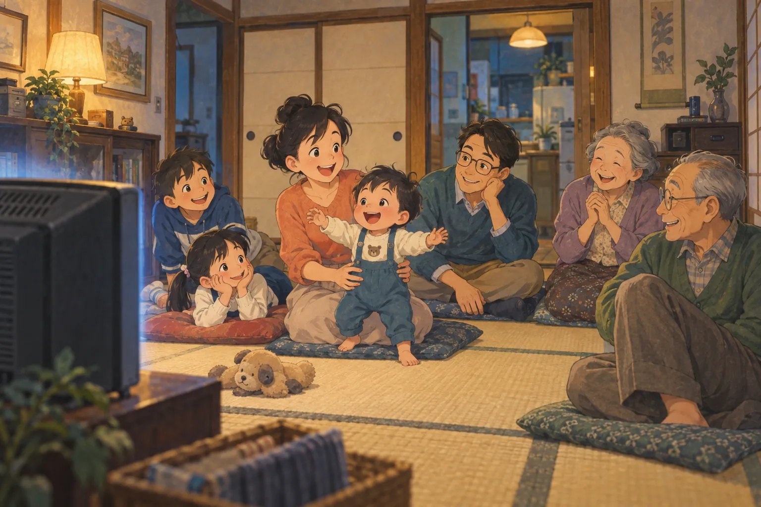 A seven-member Japanese family shares a warmly lit tatami room beside a television, with a smiling mother steadying her young son.