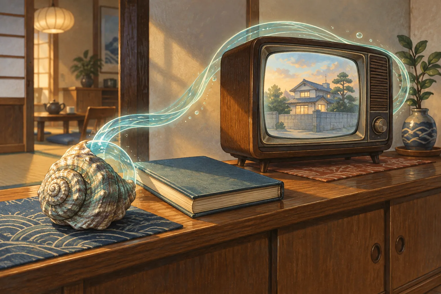 A luminous sea-blue ribbon curls from a spiral shell over a closed book toward an old television displaying a Japanese house.