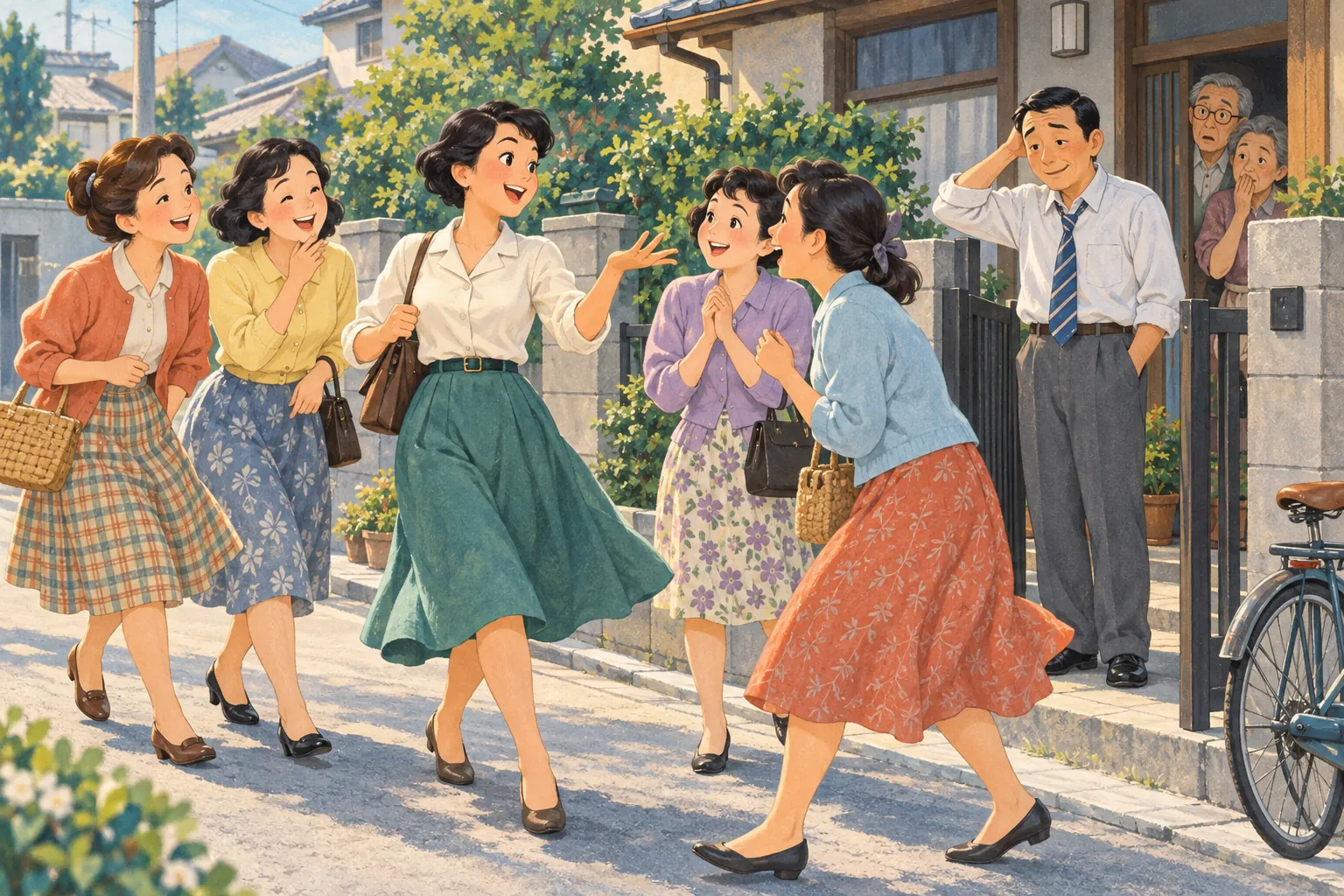 Five Japanese women converse animatedly outside a suburban house while a sheepish husband and two surprised older neighbours look on.