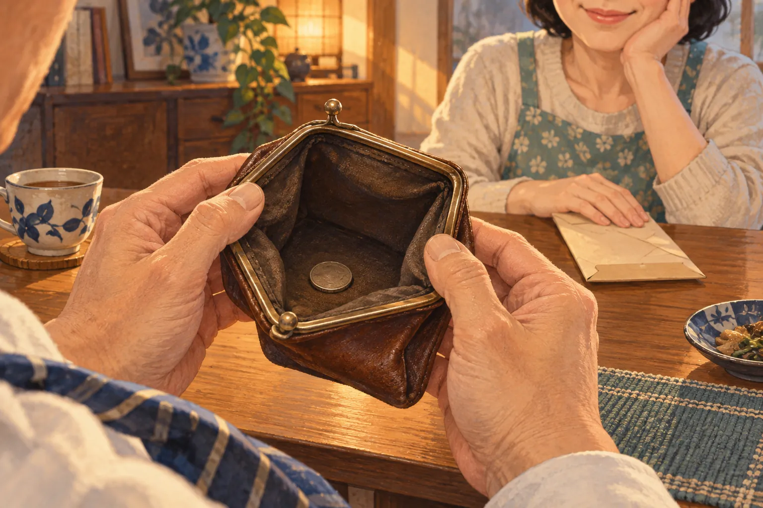 Hands hold an open purse containing one coin while a smiling Japanese woman rests her hand on a plain envelope across the table.