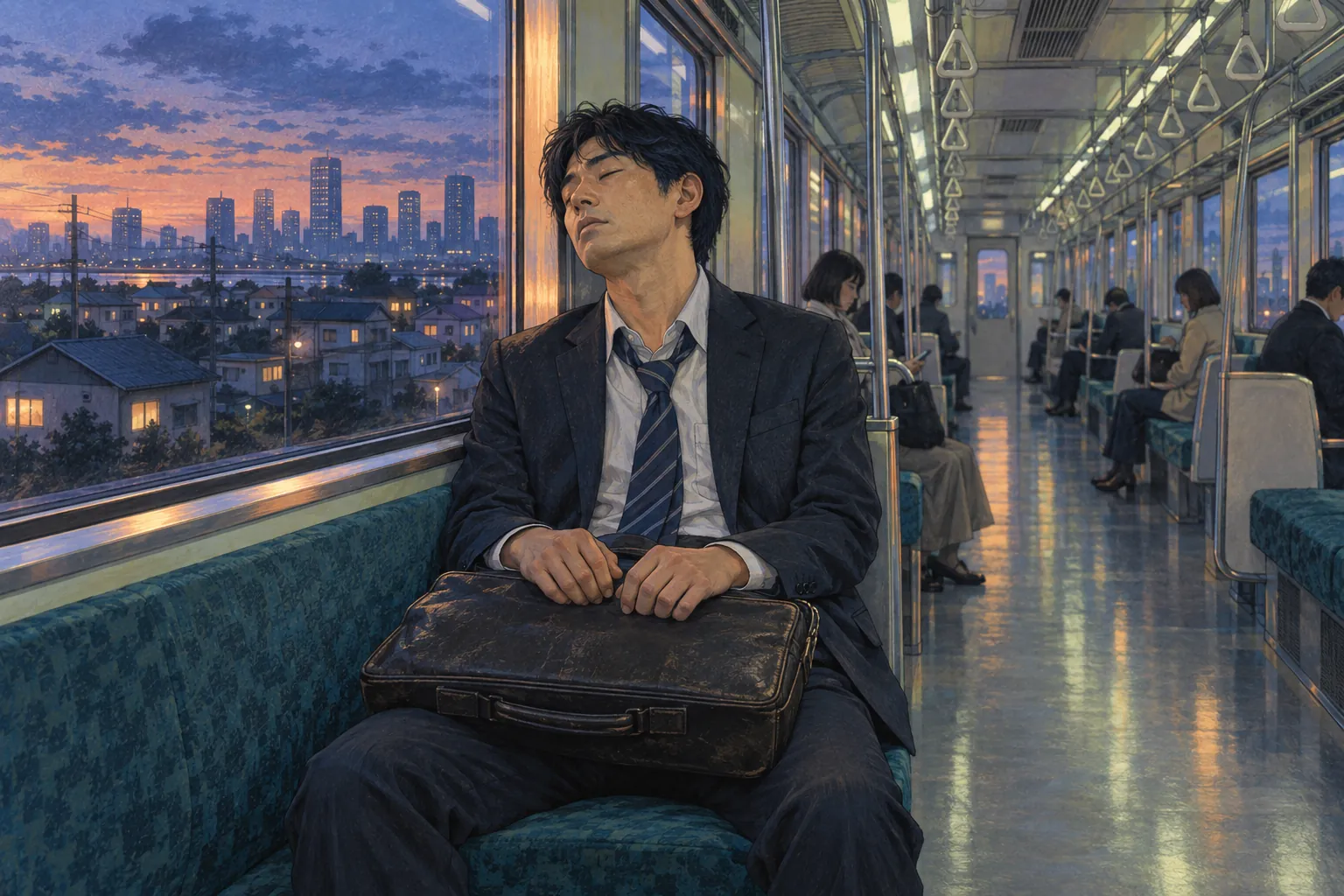 An exhausted salaryman sleeps with a briefcase on his knees as suburban rooftops and distant office towers pass the train window.