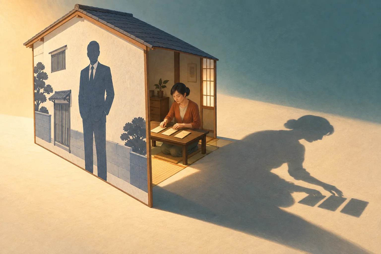 Behind a house facade bearing a suited man's silhouette, a woman sorts envelopes while her enlarged shadow stretches across the ground.