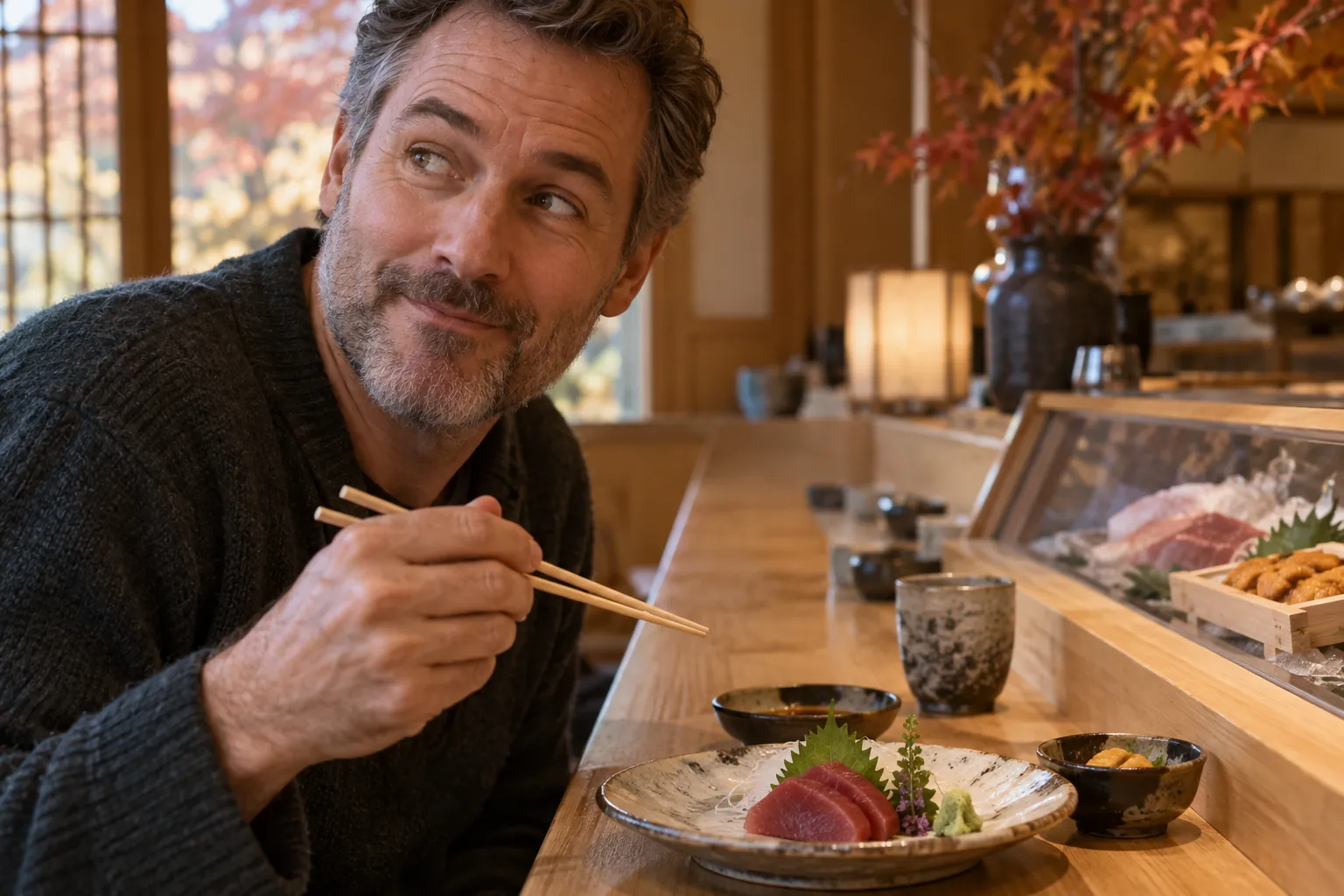 A diner smiles with a raised eyebrow, holding chopsticks beside a plate of sashimi at a Japanese sushi counter.