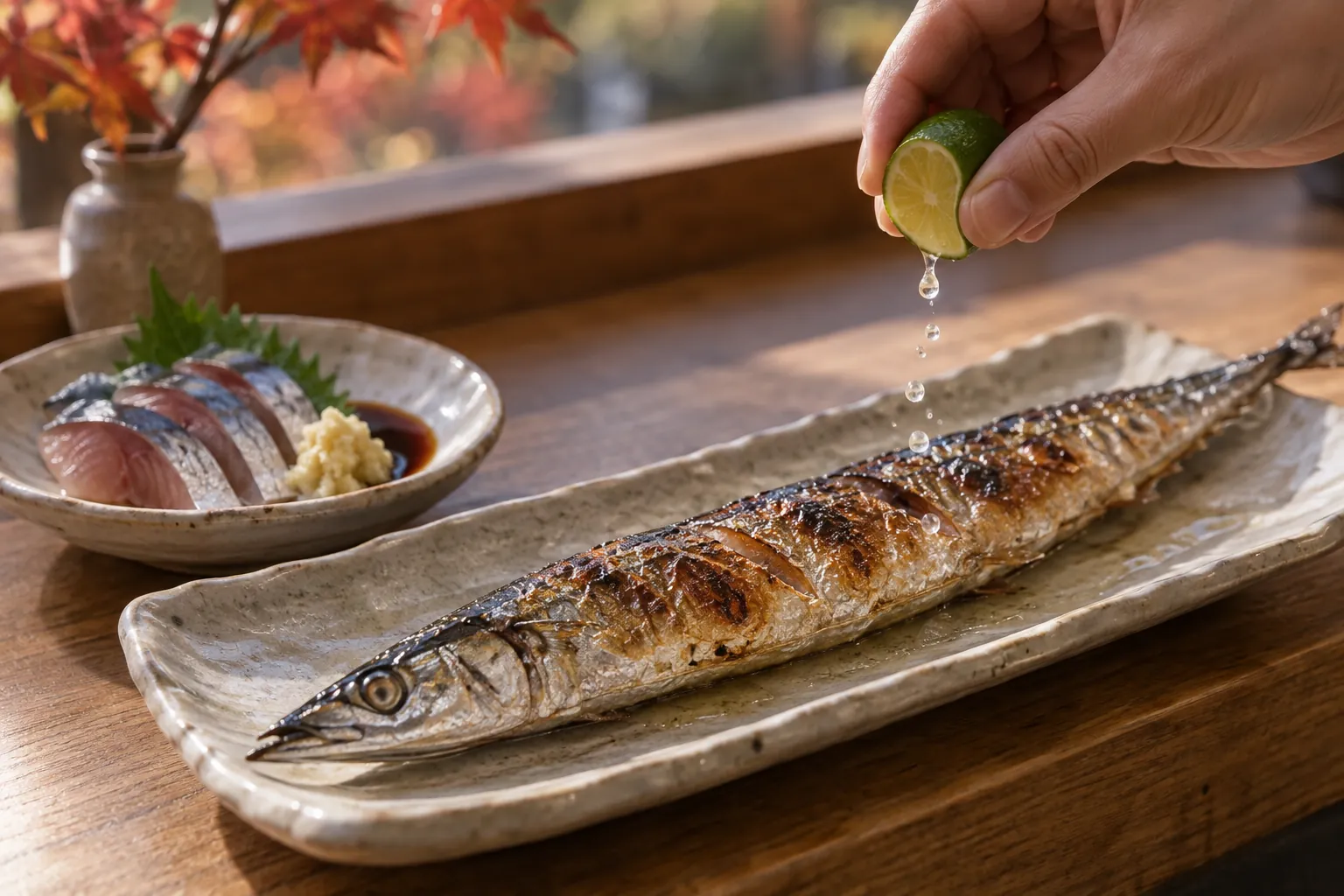 A hand squeezes kabosu over salt-grilled saury beside a small dish of raw fish, grated ginger and soy sauce.
