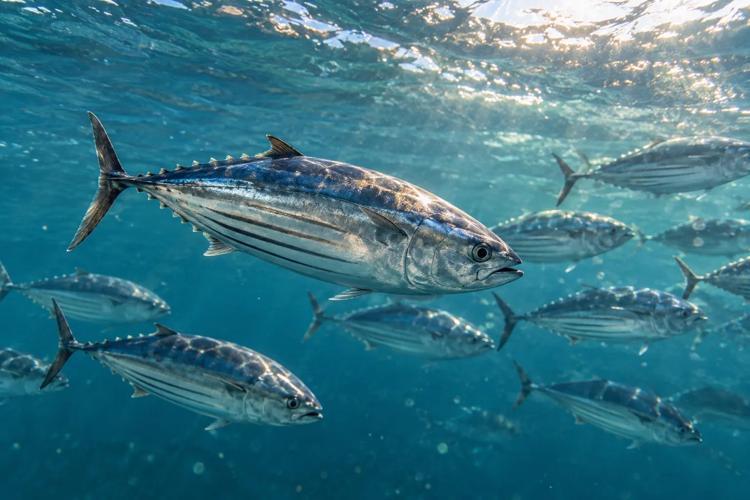 A school of silver-striped bonito swims through clear blue-green water beneath rippling shafts of sunlight.