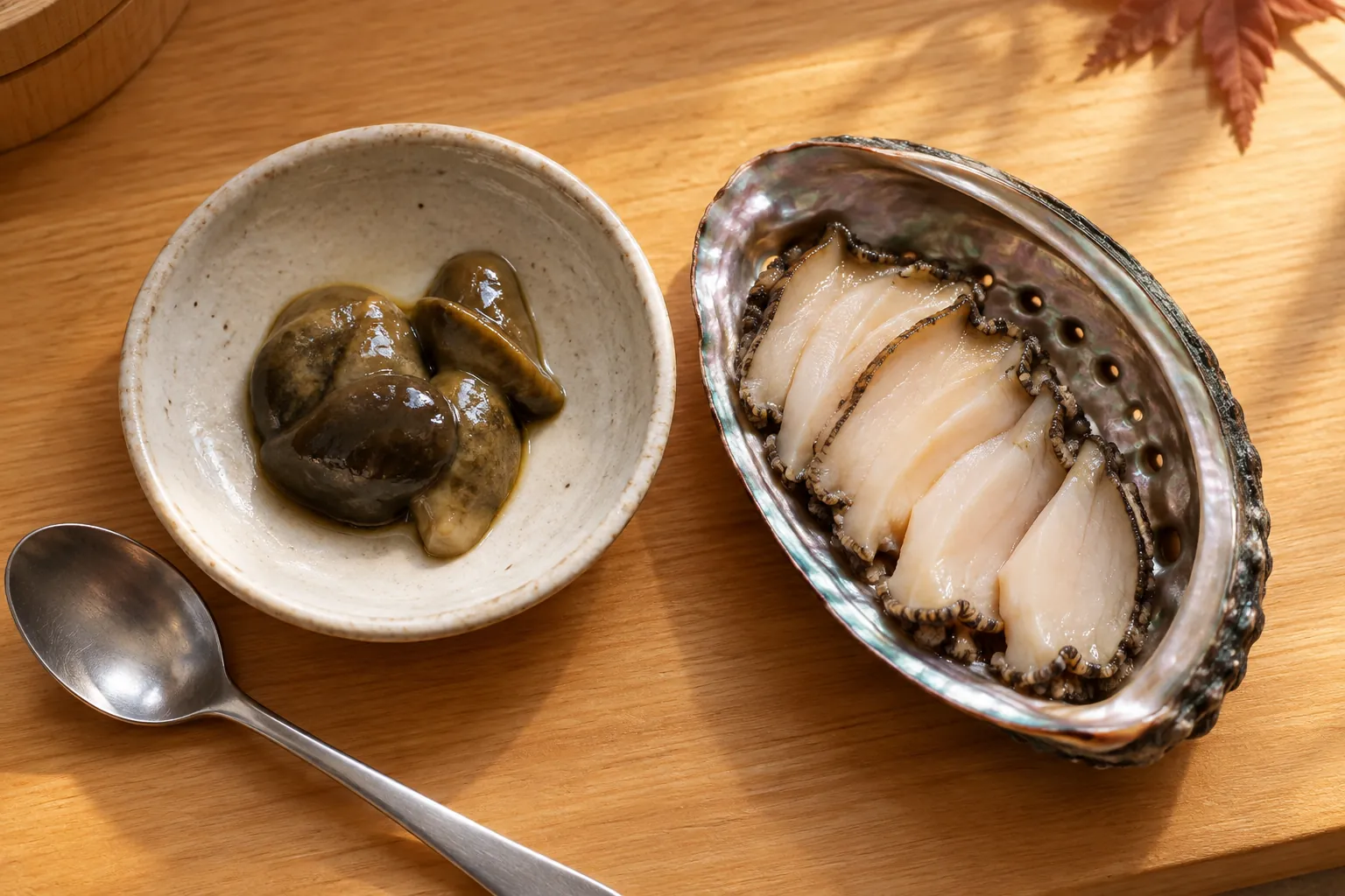 Glossy abalone liver rests in a ceramic bowl beside ivory abalone slices arranged inside an iridescent shell.