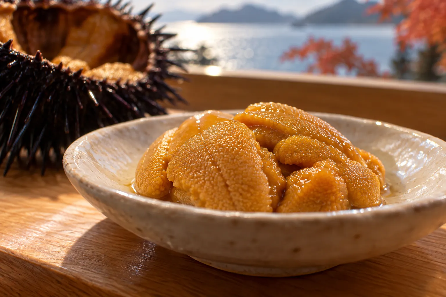 Golden sea urchin glistens in a shallow ceramic dish, with an opened spiny shell softly blurred behind it.