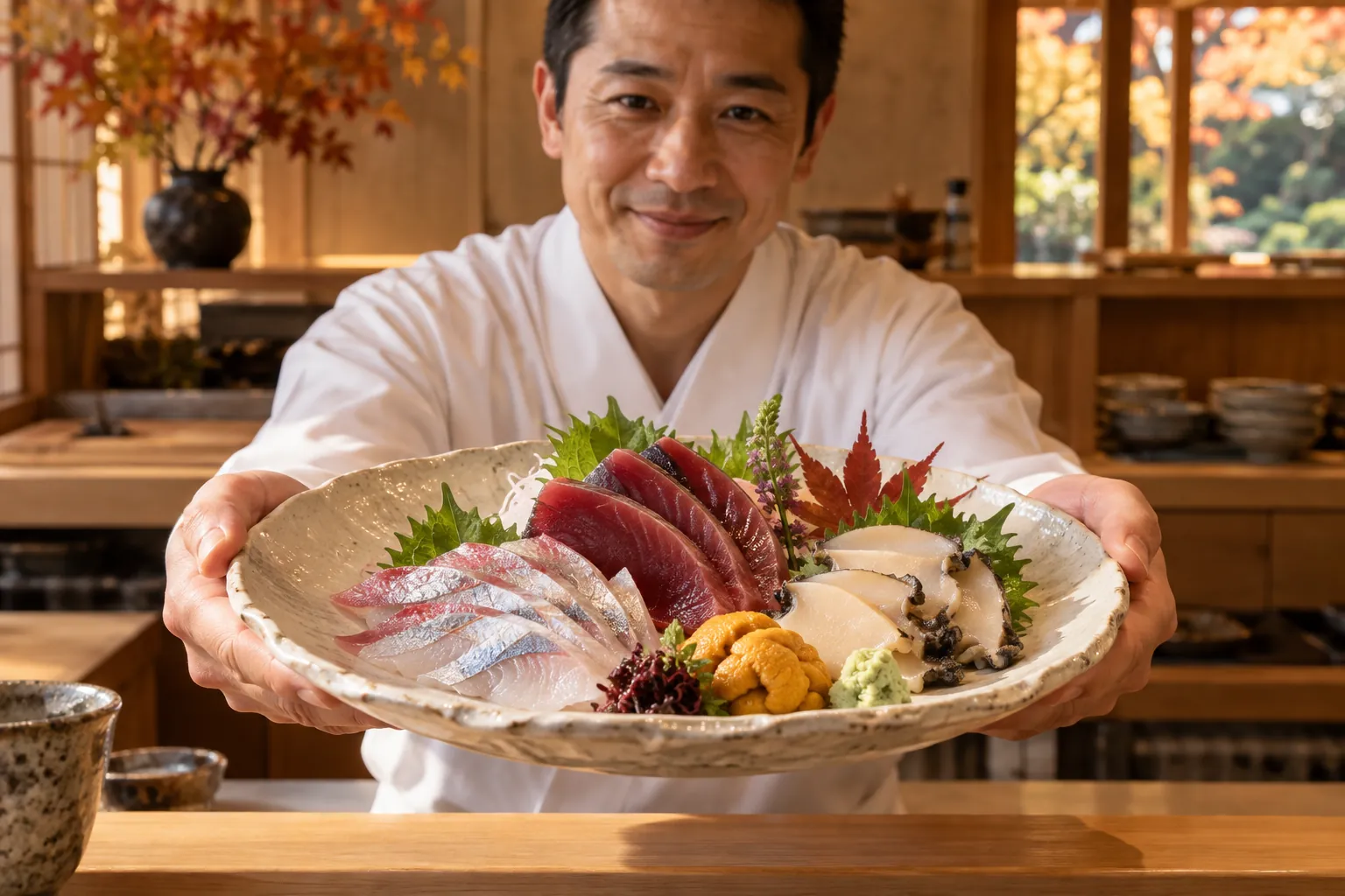 A smiling Japanese chef presents an artfully arranged platter of silver-skinned sashimi, ruby bonito, abalone and golden sea urchin.