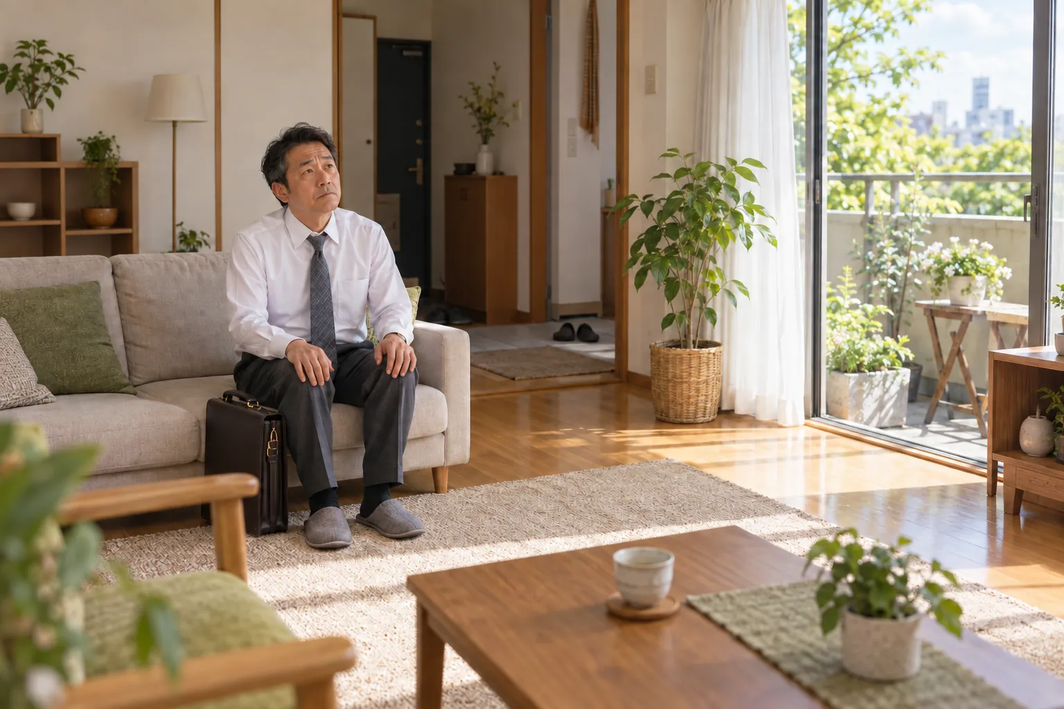 A Japanese manager in a shirt, tie and slippers sits stiffly beside his briefcase on a sofa in a sunny, plant-filled apartment.