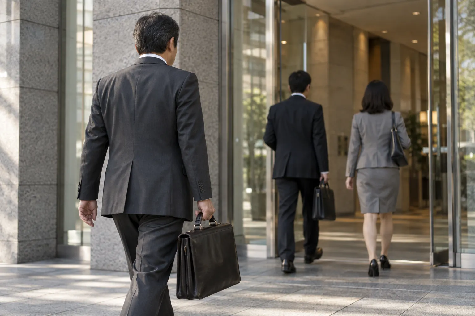 A Japanese employee carrying a dark briefcase follows two colleagues through the glass entrance of a company building in soft morning light.