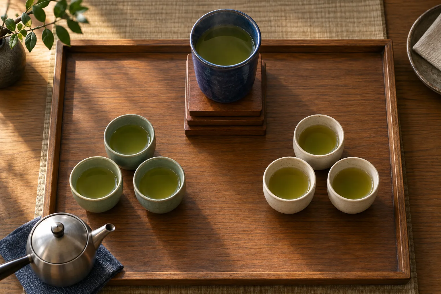 A large blue tea cup stands on stacked wooden coasters above two separate groups of smaller green and cream cups on a serving tray.