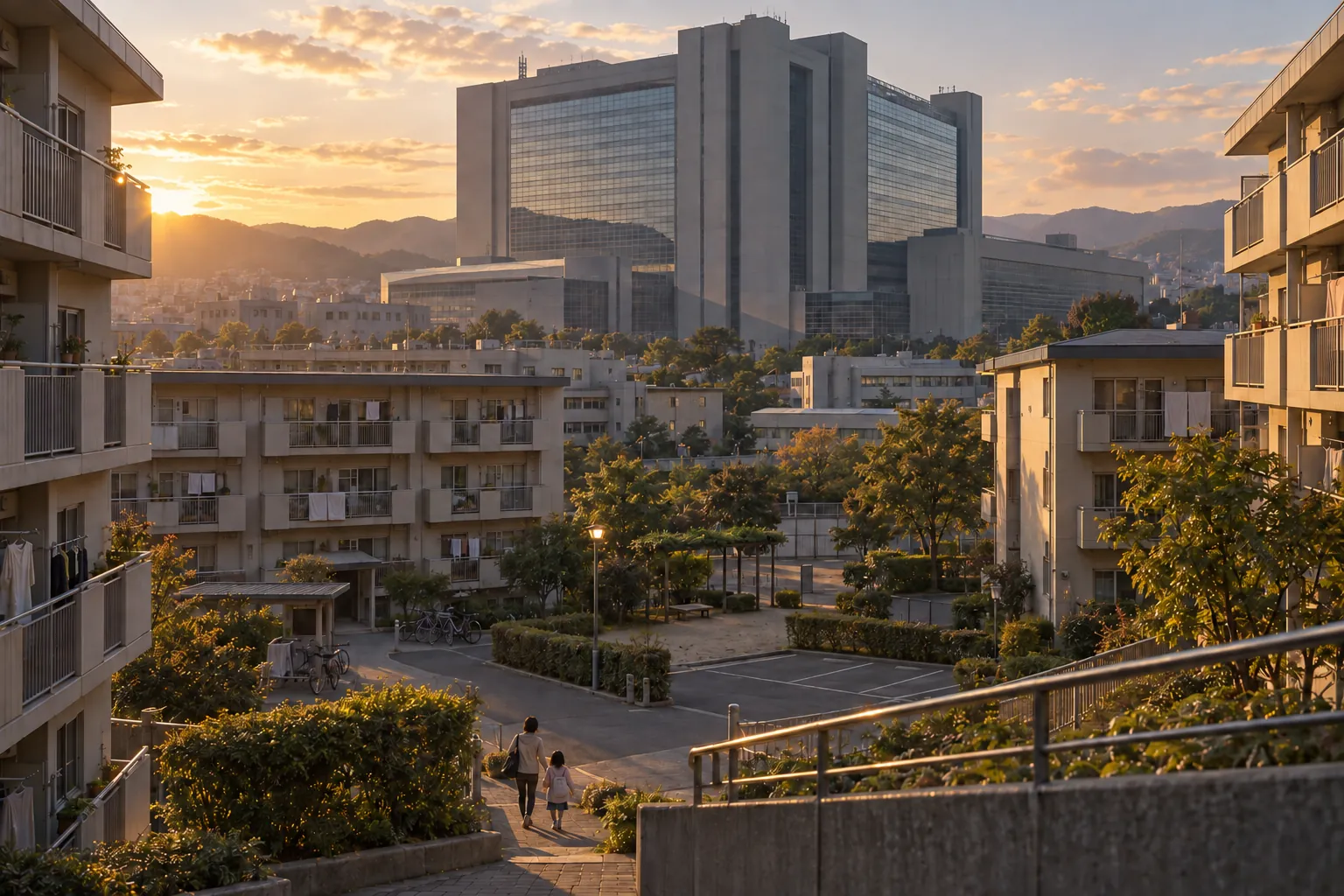 A parent and child walk between modest apartment blocks beneath a towering corporate headquarters in the warm evening light.