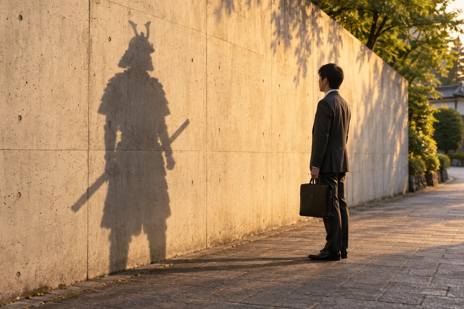 A salaryman holding a briefcase stands beside a sunlit wall, where his shadow takes the shape of an armored samurai with a sheathed sword.