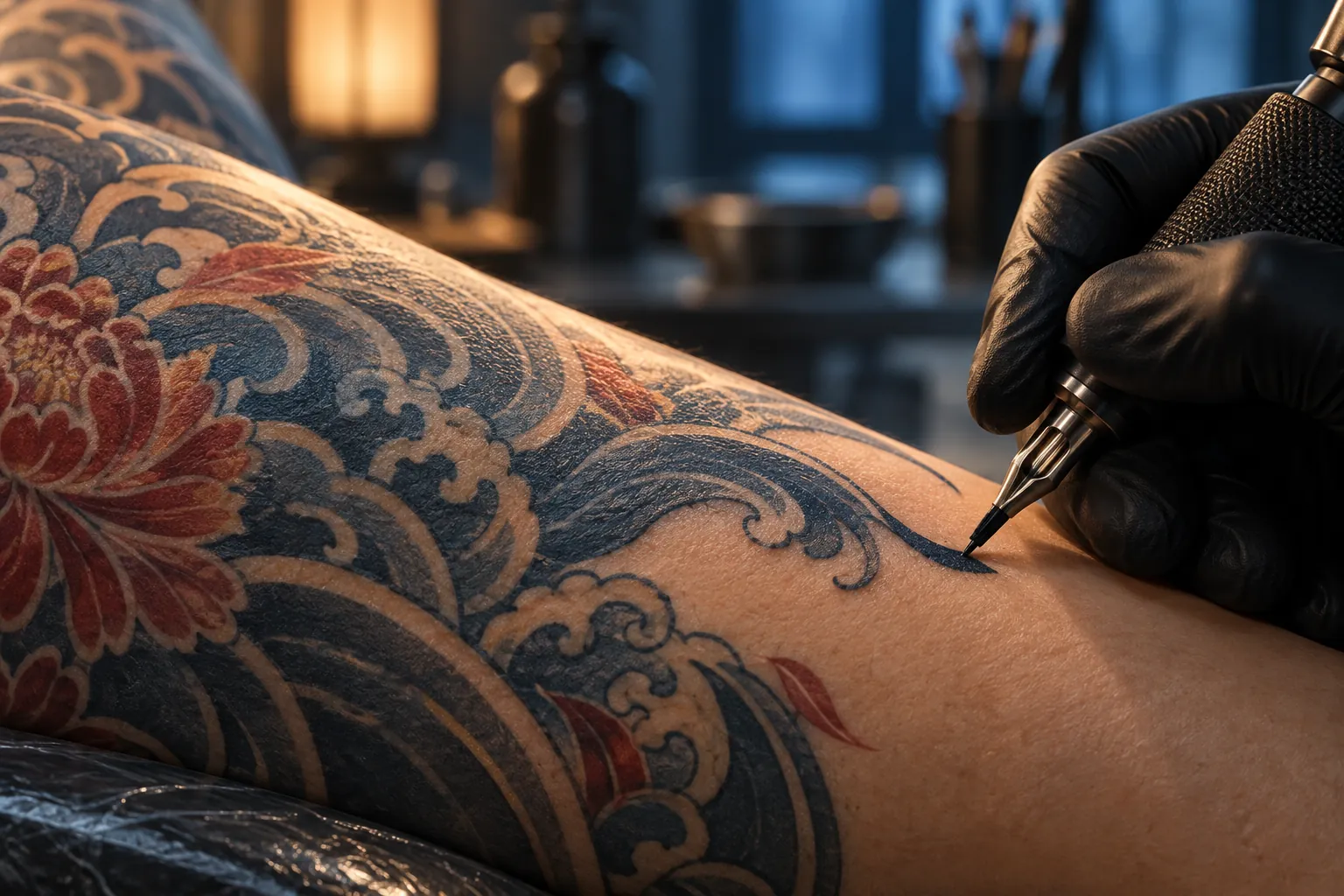 A gloved tattoo artist guides a needle along a curved indigo design on a client’s upper arm under warm light.