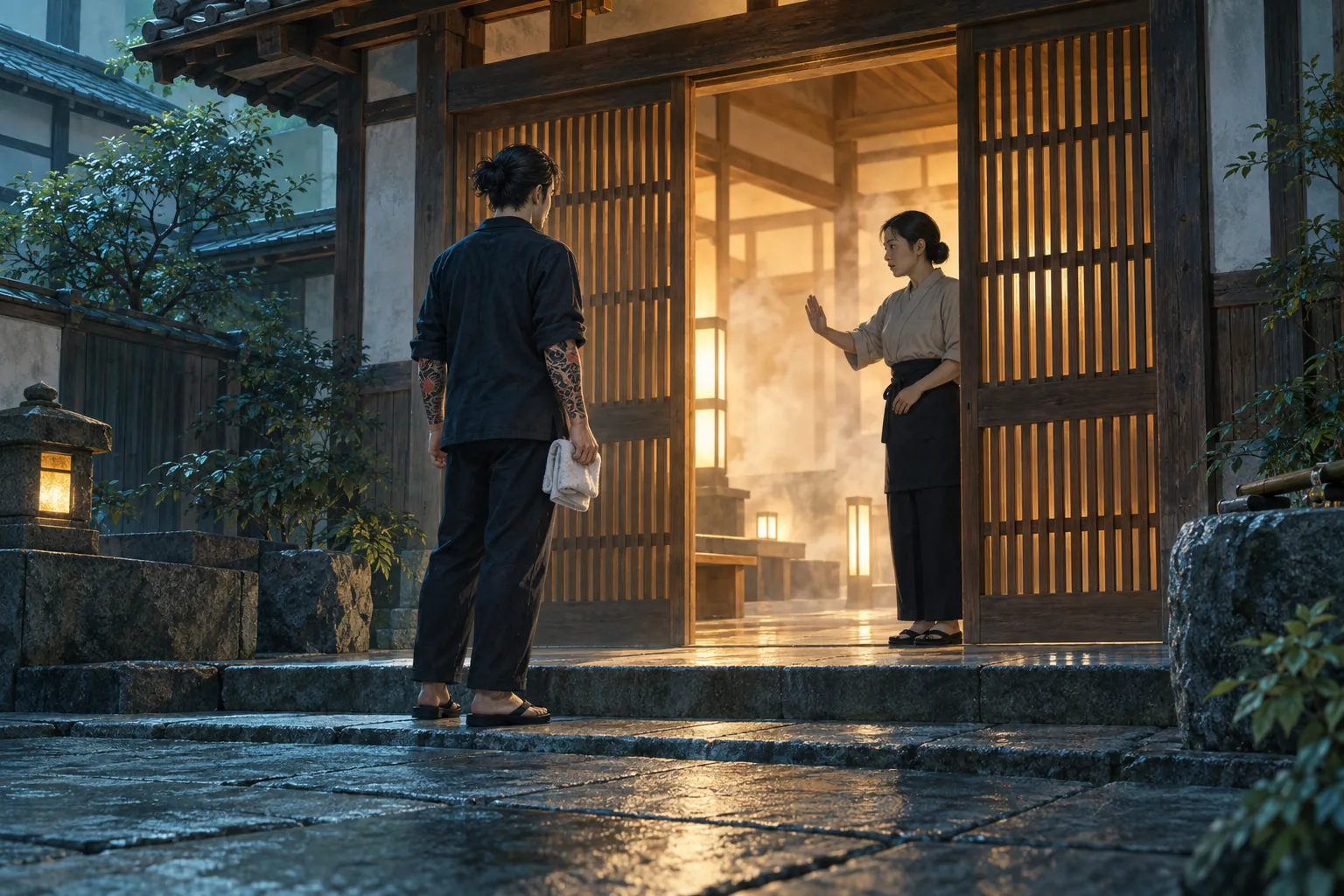 A tattooed visitor holding a towel pauses outside a warmly lit Japanese bathhouse as an attendant gestures at the doorway.