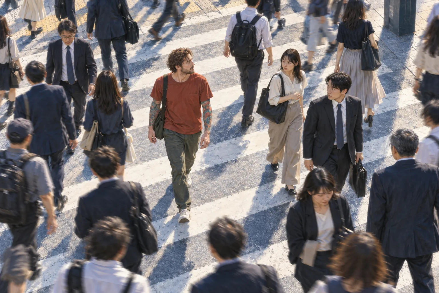 A tattooed traveler crosses a Japanese city street amid moving commuters, with a small open space around them.