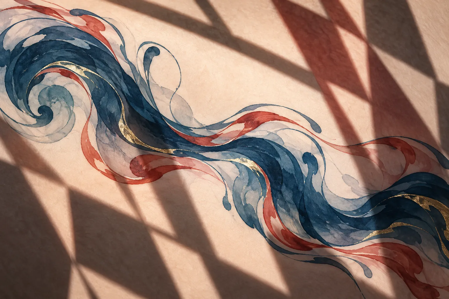 Angular red-grey shadows cross a flowing indigo and vermilion ink form suspended against a pale translucent ground.