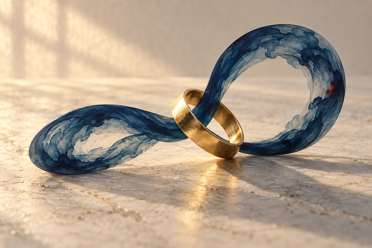 A plain gold wedding band is threaded by a continuous indigo ink loop above a pale stone surface.