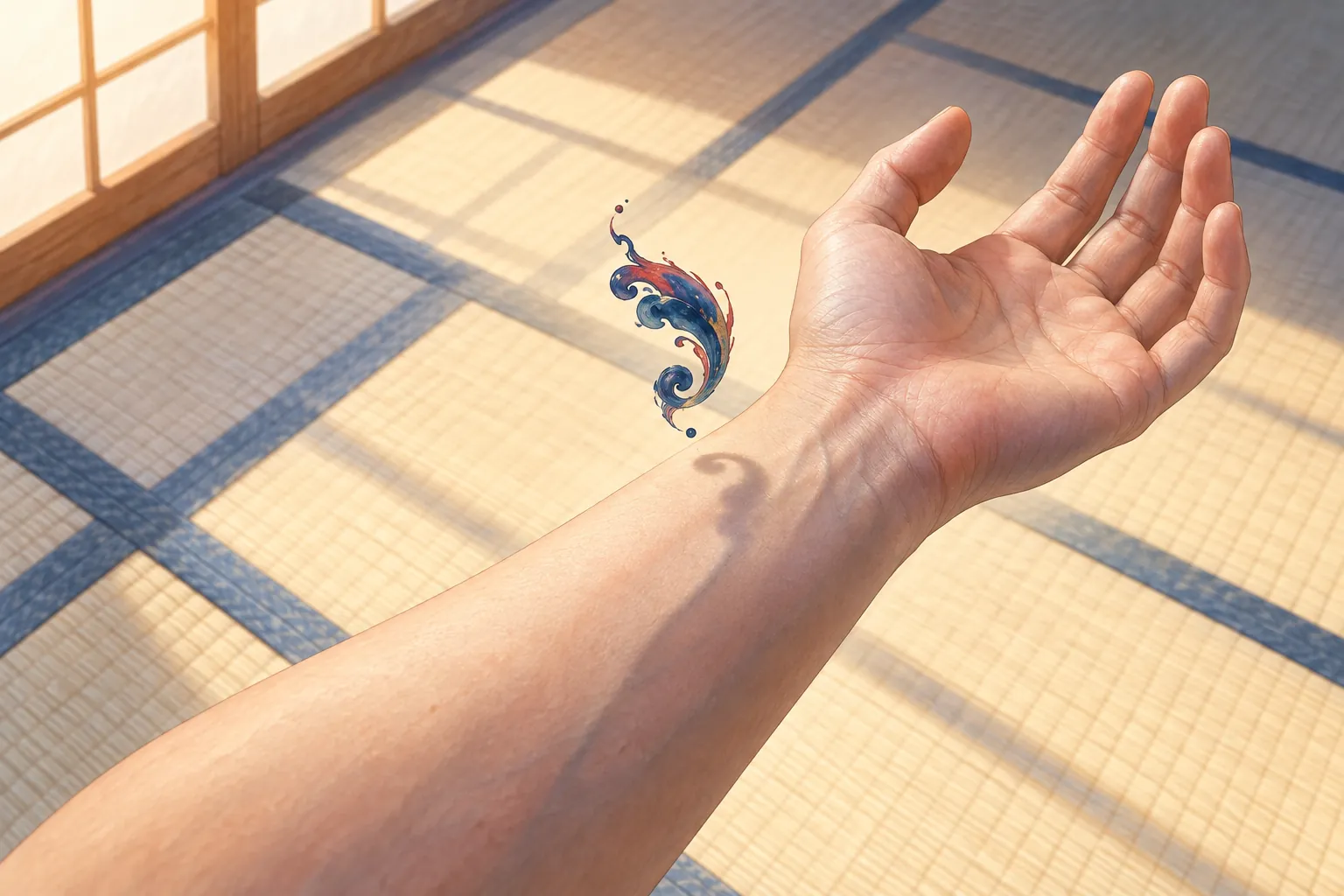 A small curling shape of colored ink hovers above an unmarked wrist and open palm, poised without touching the skin.