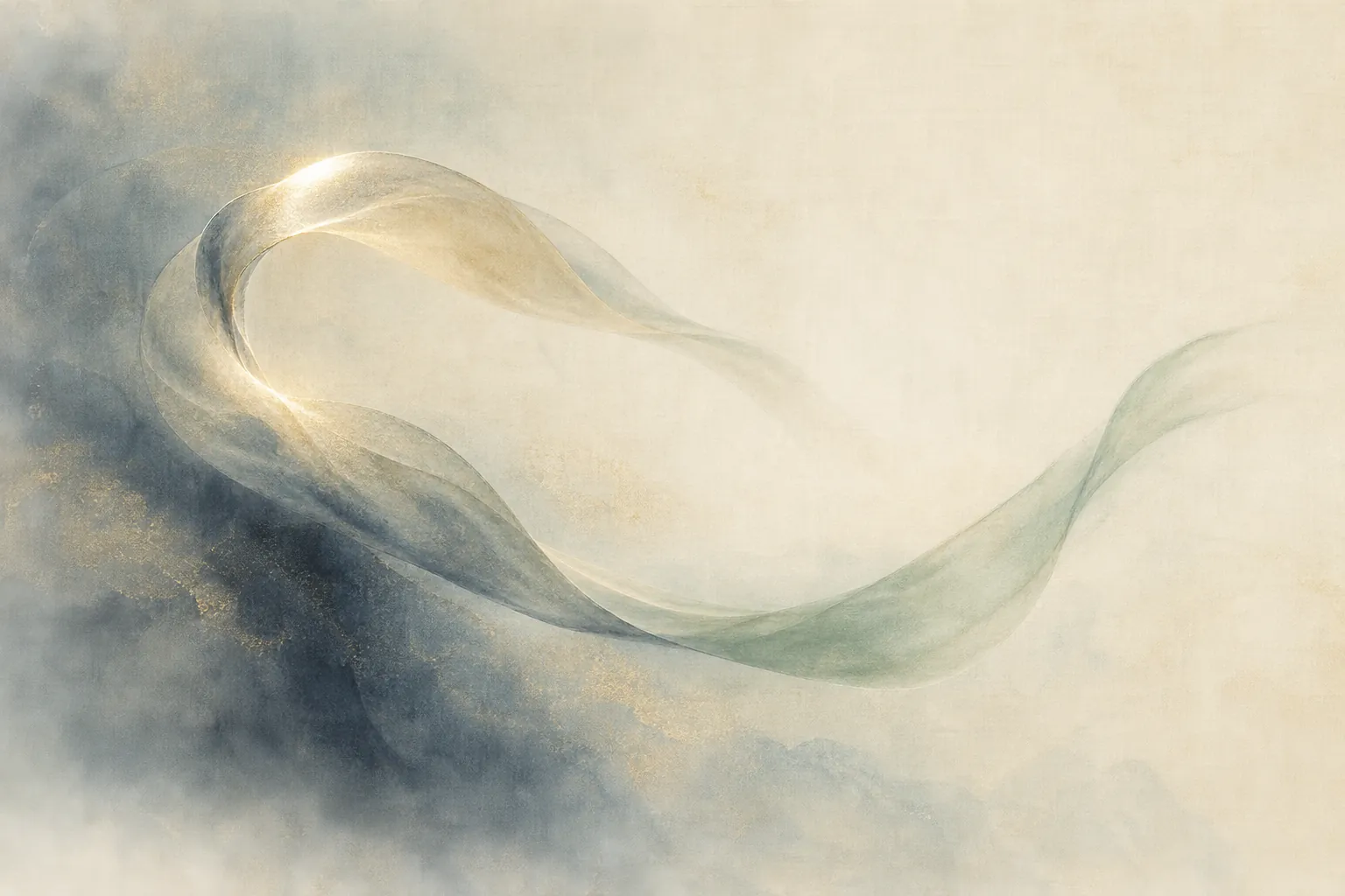 A translucent ribbon curves through ivory space, catching pale gold light above soft indigo and celadon shadows.