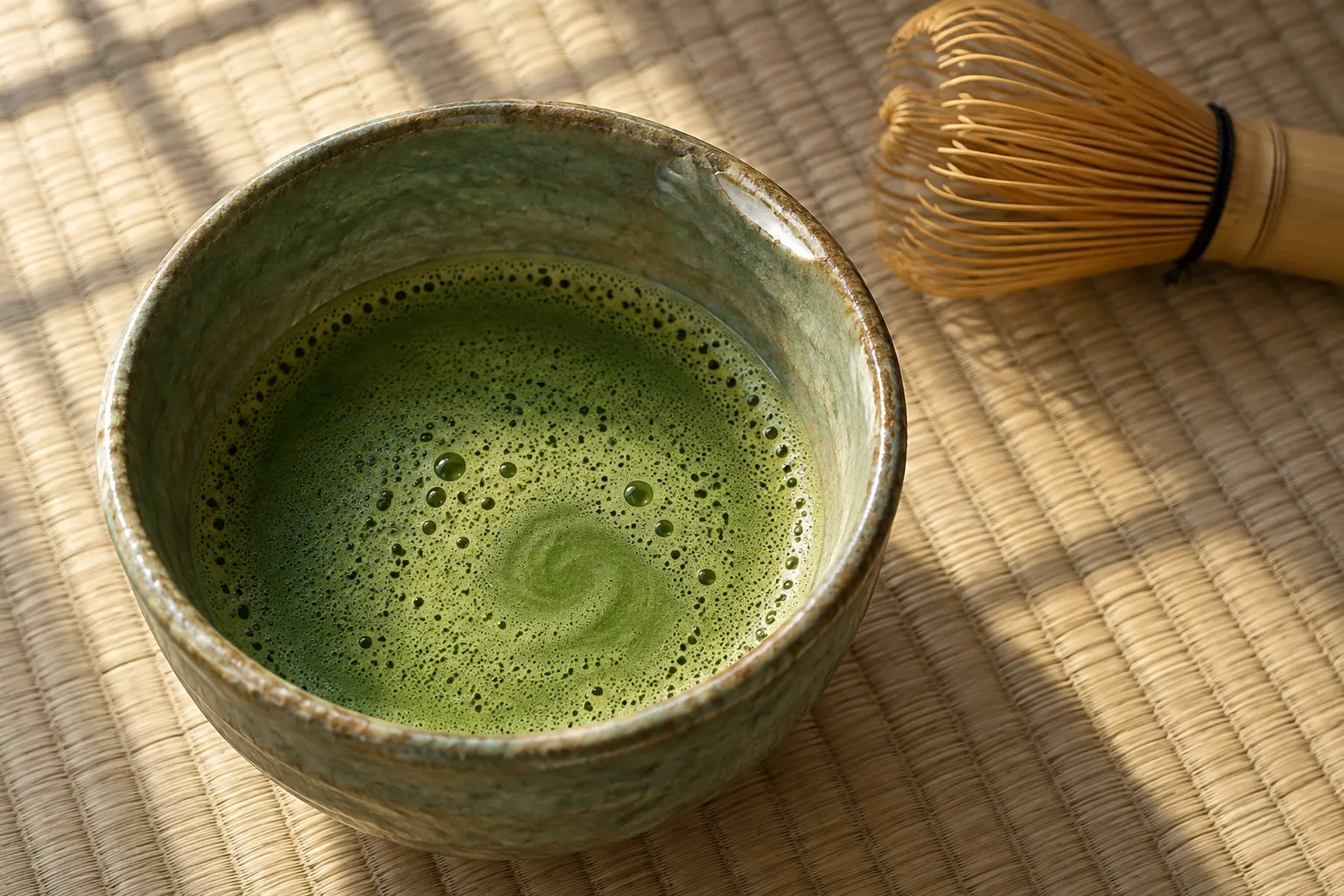 Tiny bubbles gather on green tea in a celadon bowl beside a bamboo whisk on softly lit tatami.