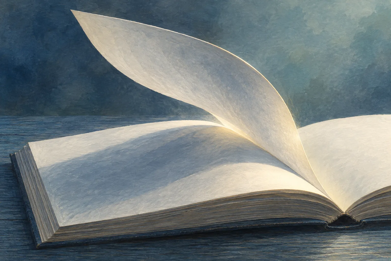 One blank ivory page turns above an open book, catching a fine warm edge of light against a cool blue background.