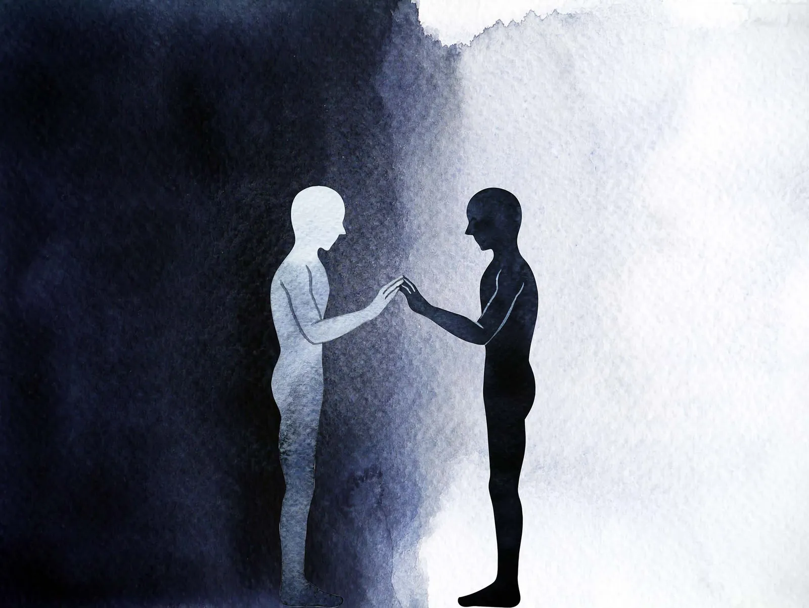 Two figures, one light and one dark, touch fingertips against a textured ground divided into light and dark.