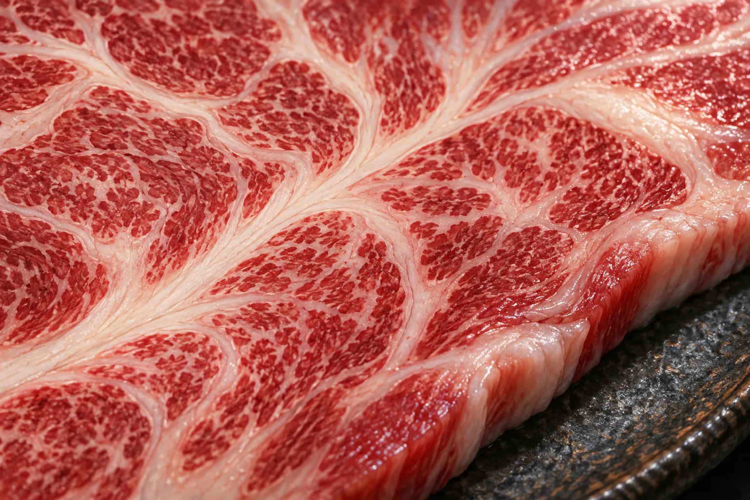 淡い紅色の牛肉に白い脂の筋が川の支流のように広がり、端には陶器の皿が見える。