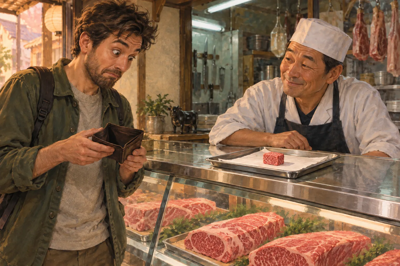 驚いた表情の客が財布を開き、ほほ笑む日本の肉屋の店員が少量の牛肉を差し出している。