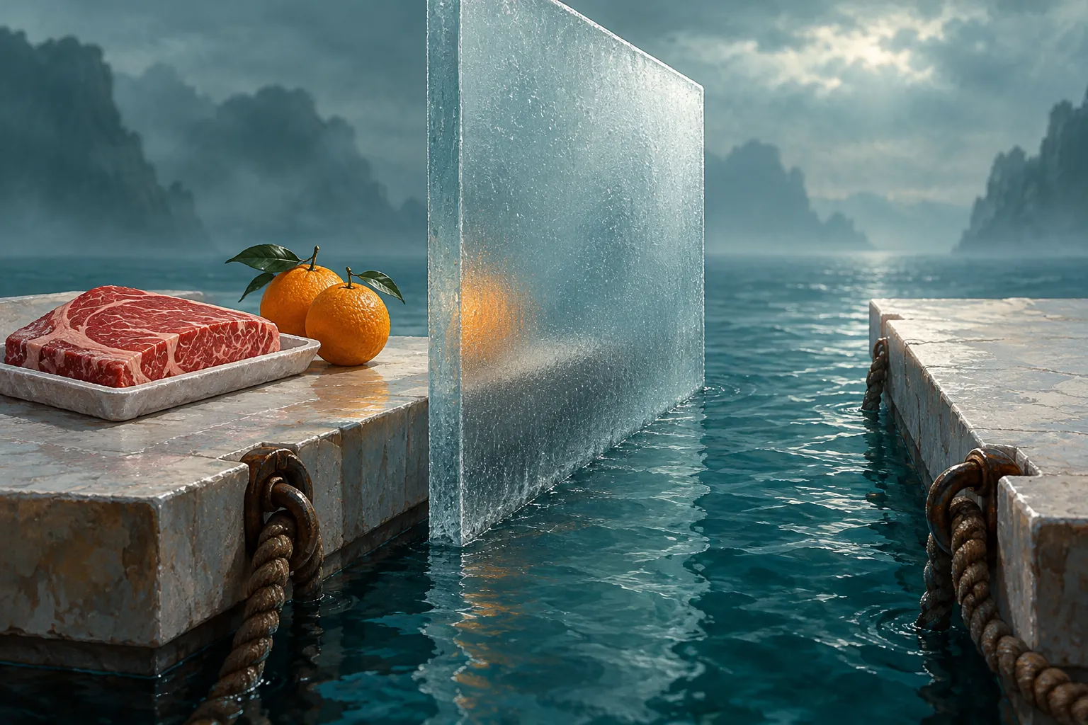濃い青緑の水で隔てられた二つの台の間に半透明の壁が立ち、牛肉のトレーと二つのオレンジがその手前に置かれている。